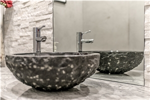 Super White Marble Vanity with Raw Absolute Black Stone Vessel