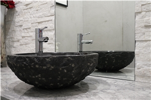 Super White Marble Vanity with Raw Absolute Black Stone Vessel