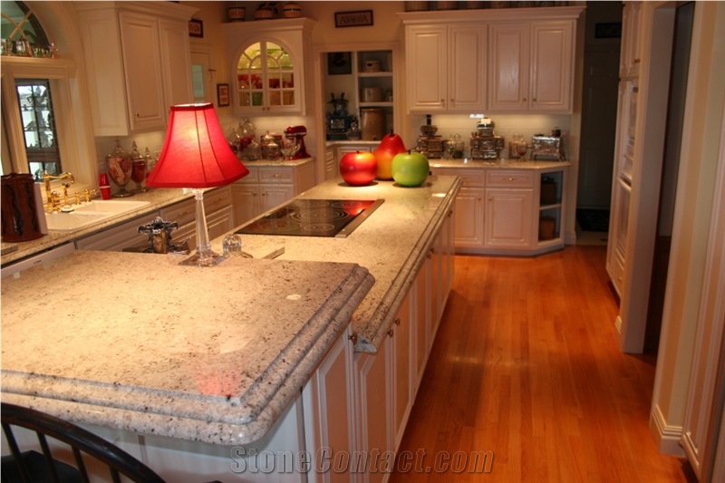 Kitchen Island with Colonial White Granite with Ogee Edge and Laminated Demibullnose Profile Edge