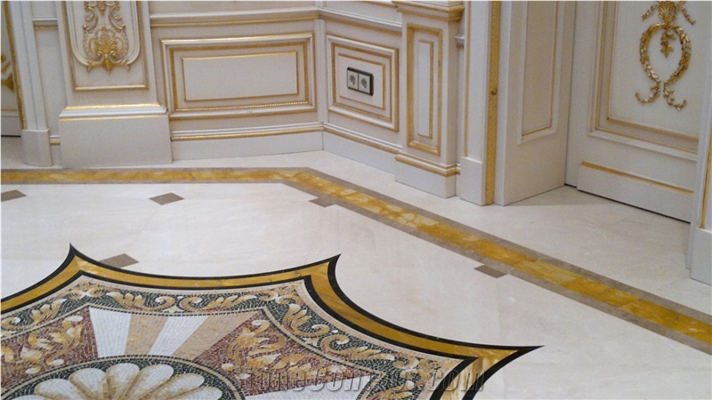Giallo Siena, Carrara White Marble and Emperador Light Mosaic Flooring