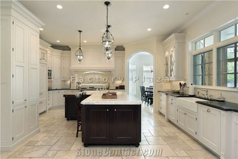Calacatta Marble Island Top, Absolute Black Granite Perimeter Countertop
