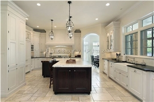 Calacatta Marble Island Top, Absolute Black Granite Perimeter Countertop