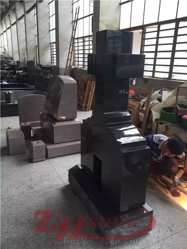 Polished Shanxi Back Granite Absolute Black Cross Tombstone Natural Edges Base Single Monuments