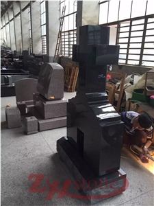 Polished Shanxi Back Granite Absolute Black Cross Tombstone Natural Edges Base Single Monuments