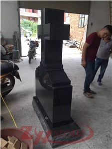 Polished Shanxi Back Granite Absolute Black Cross Tombstone Natural Edges Base Single Monuments