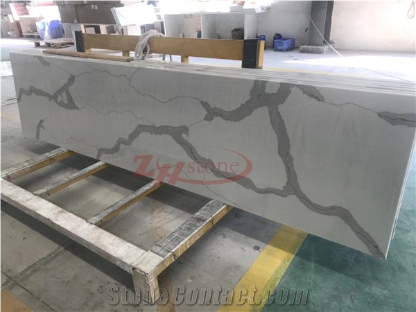 White Calacatta Quartz Engineered Polished Stone Solid Surfaces for Hotel Kitchen Countertop, Customized Edge