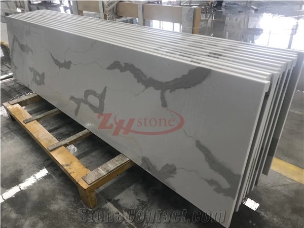 White Calacatta Quartz Engineered Polished Stone Solid Surfaces for Hotel Kitchen Countertop, Customized Edge