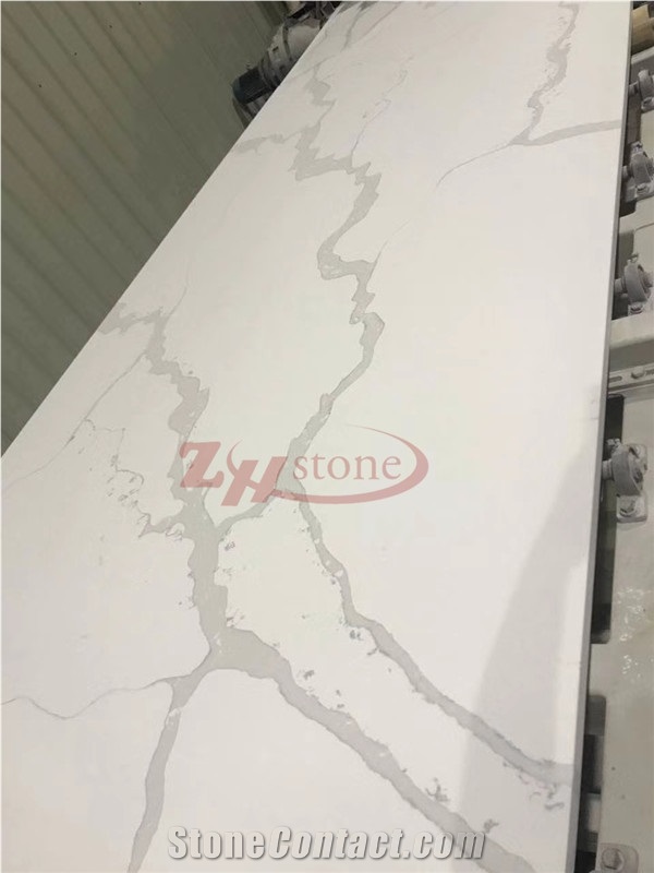 White Calacatta Quartz Engineered Polished Stone Solid Surfaces for Hotel Kitchen Countertop, Customized Edge