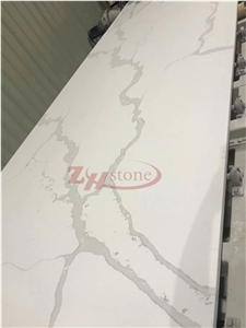White Calacatta Quartz Engineered Polished Stone Solid Surfaces for Hotel Kitchen Countertop, Customized Edge