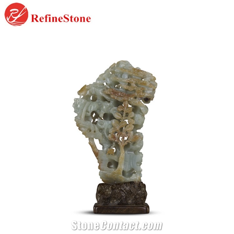 Handmade Burmese Green Jade Flower Statue,Large Carved