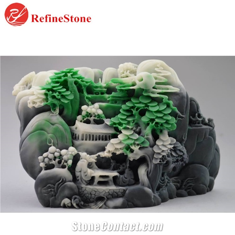 Handmade Burmese Green Jade Flower Statue,Large Carved