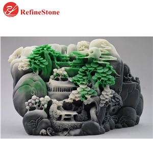 Handmade Burmese Green Jade Flower Statue,Large Carved