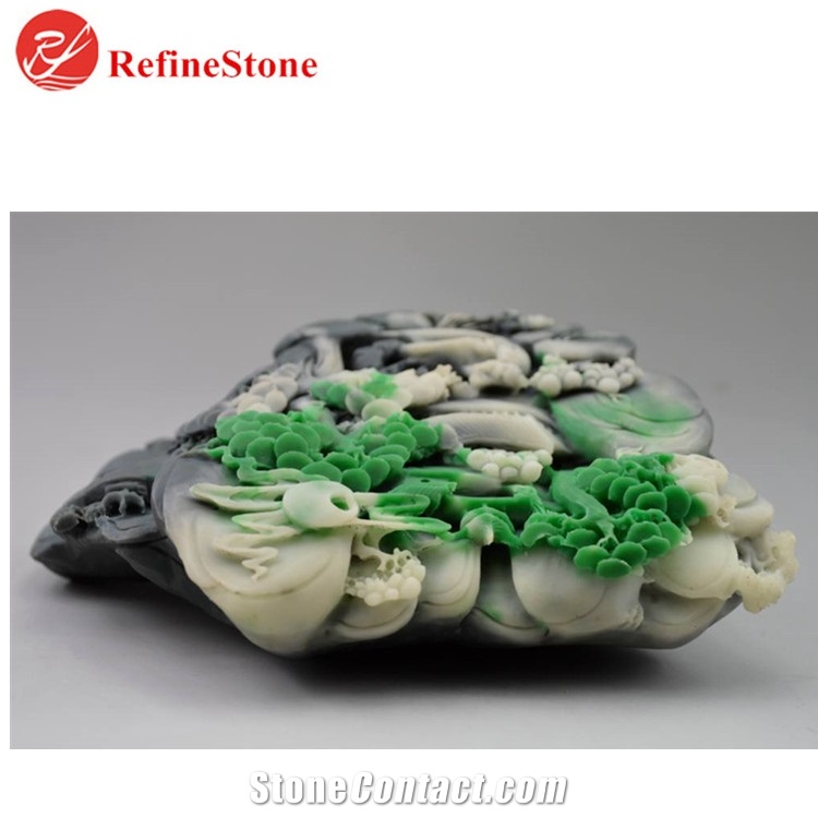 Handmade Burmese Green Jade Flower Statue,Large Carved