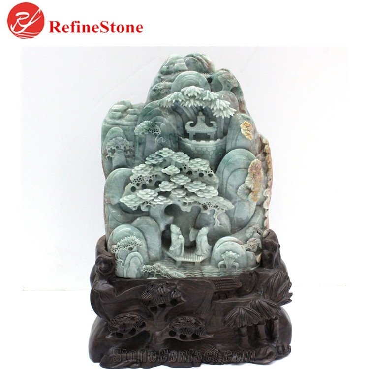 Handmade Burmese Green Jade Flower Statue,Large Carved