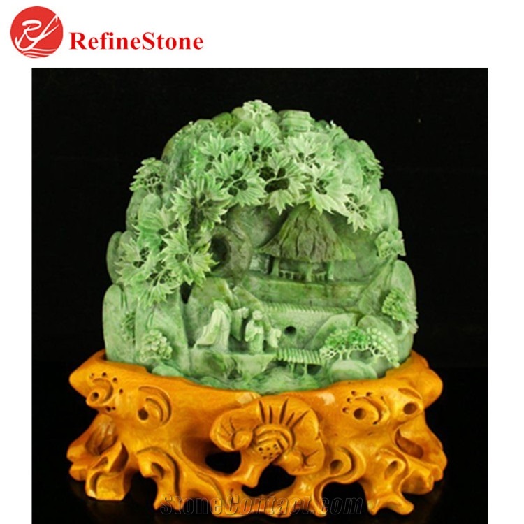 Handmade Mountain Scenery Green Jade Statue
