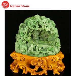 Handmade Mountain Scenery Green Jade Statue