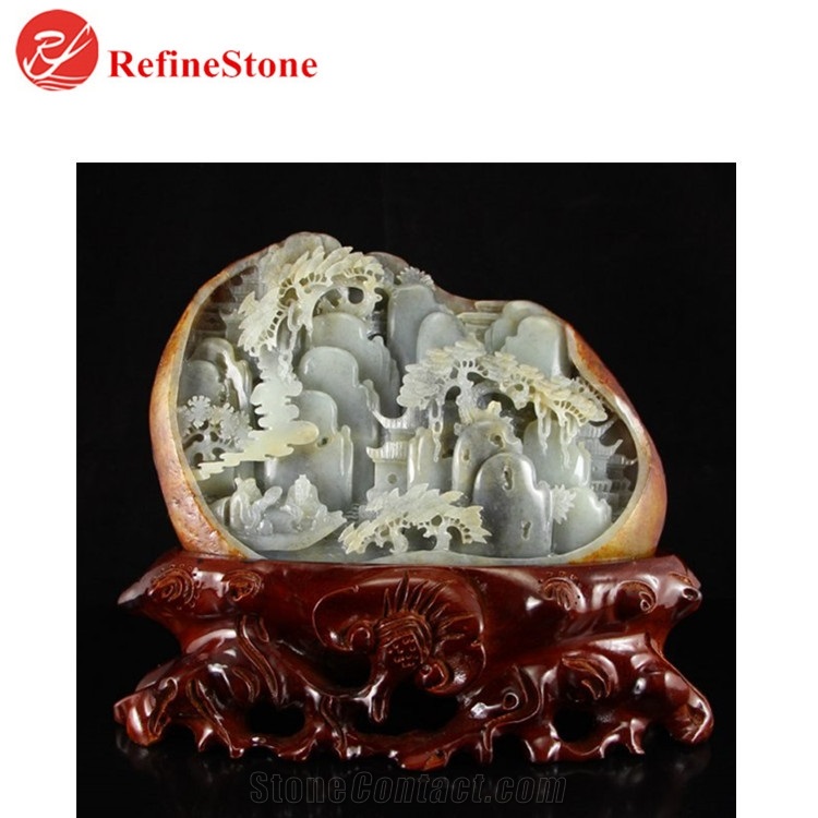Handmade Mountain Scenery Green Jade Statue