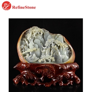 Handmade Mountain Scenery Green Jade Statue