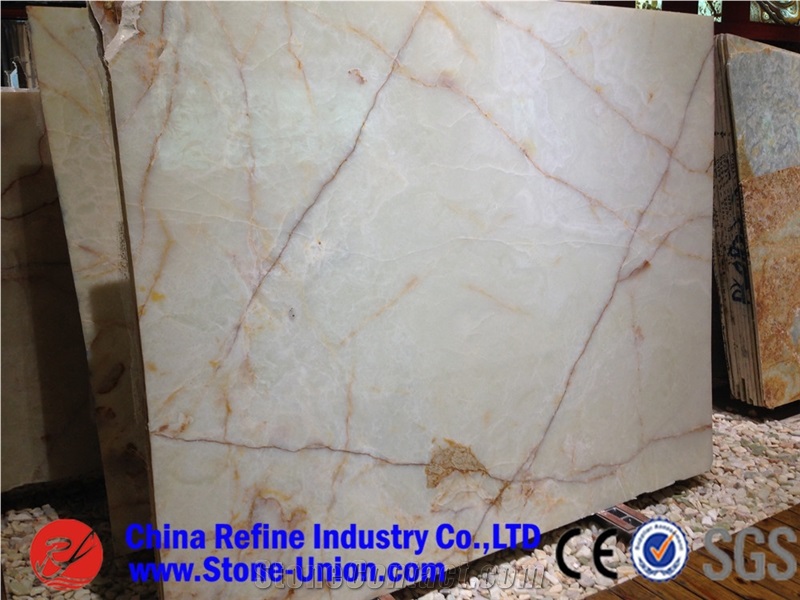 White Onyx Red Veins Tiles & Slabs, White Polished Onyx Floor Covering Tiles, Walling Tiles,Wall Covering,Transparent,Through Light,Tv Set,Luxury/