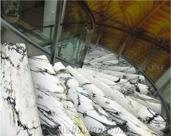 China Clivia Marble Polished Staircase,Machine Cutting Stepping,Clivia White Marble Green Veins for Hotel Floor Covering Stairs