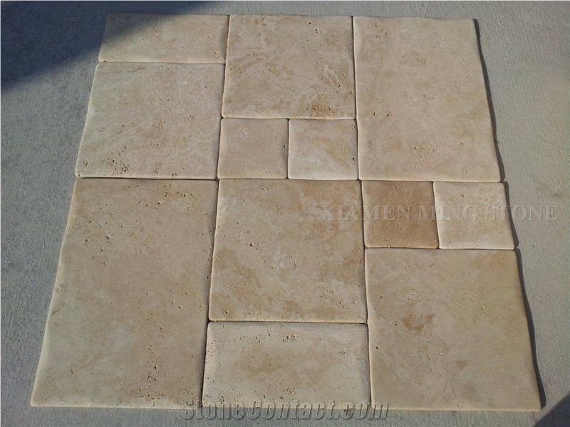 Light Cream Travertine Tiles Floor French Pattern,Tumbled Tiles Wall Covering Tiles for Villa Flooring