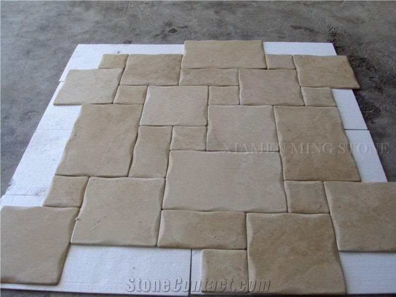 Light Cream Travertine Tiles Floor French Pattern,Tumbled Tiles Wall Covering Tiles for Villa Flooring