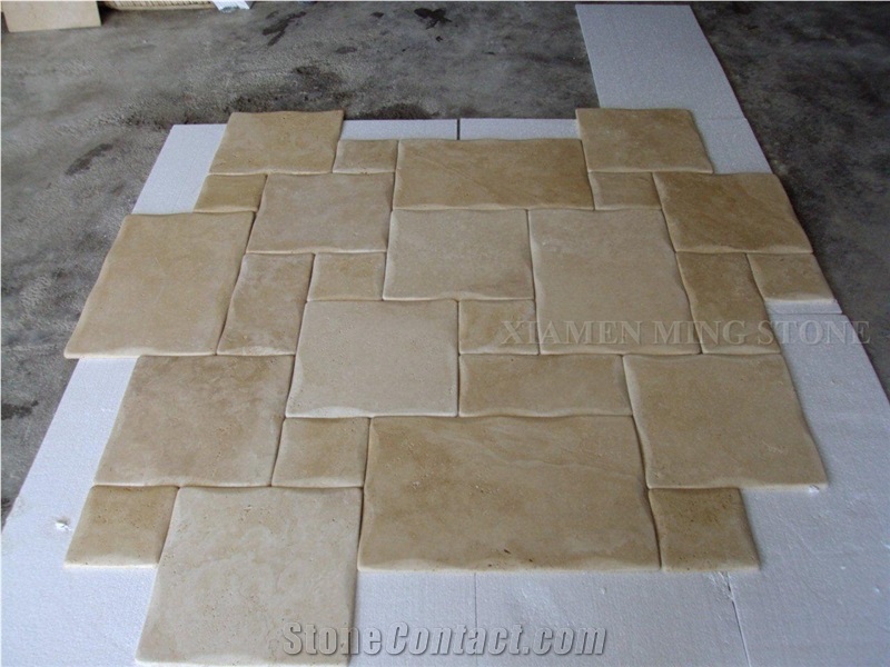 Light Cream Travertine Tiles Floor French Pattern,Tumbled Tiles Wall Covering Tiles for Villa Flooring