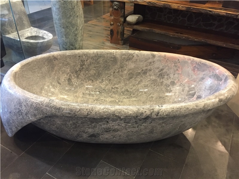 China Factory Custom Design Tundra Grey Marble Natural Stone Round Bathtub