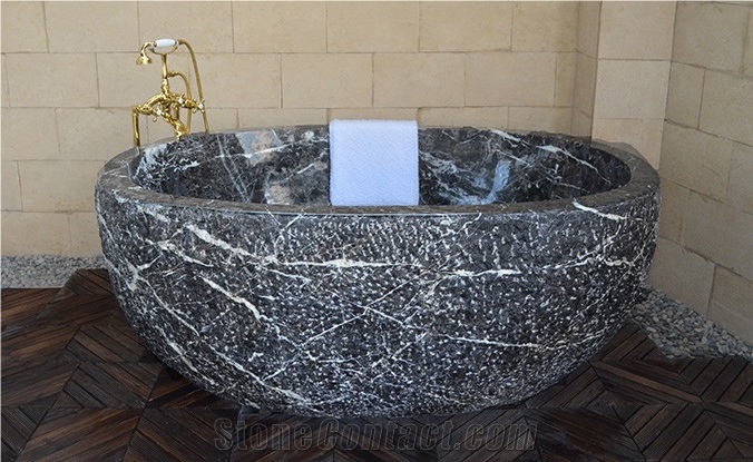 China Factory Design Grey Marble Natural Stone Oval Freestanding Bathtub