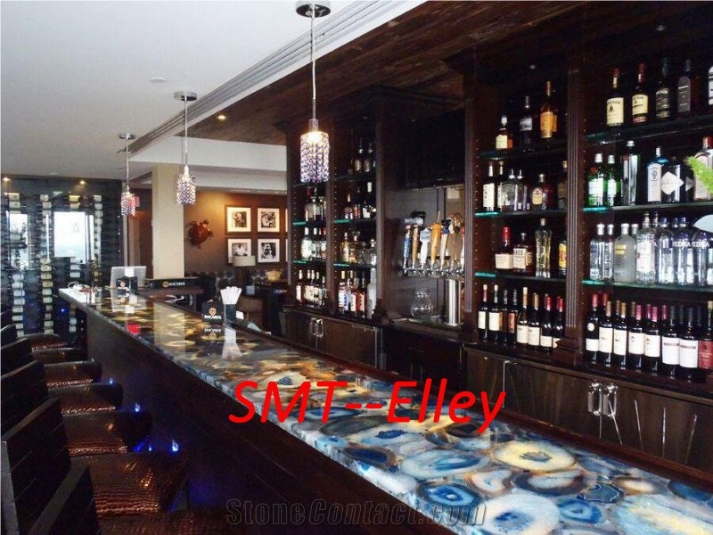Custom Semi Precious Countertops for Kitchen Blue Agate Stone Bar Tops