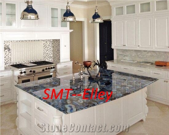 Custom Semi Precious Countertops for Kitchen Blue Agate Stone Bar Tops