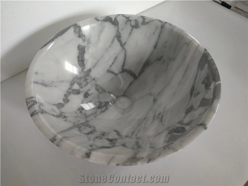 Natural Stone White Marble Solid Surface Basin Carrara Wash Bowls For Bathroom