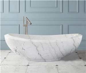 Polished Oval Design Handcrafted Carrara Marble Stone for Freestanding Bathtub