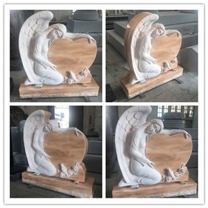 China Haobo Factory Good Price Wholesale Natural Stone Sunset Red Granite Heart Shape Angel Monument Carved with Rose and Dove for Usa