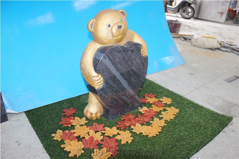 China Neu Child Tombstone Tombstones Headstone Headstones Monument Monuments Gravestone Bear with Heart with Color Bahama Blue Orion Dark