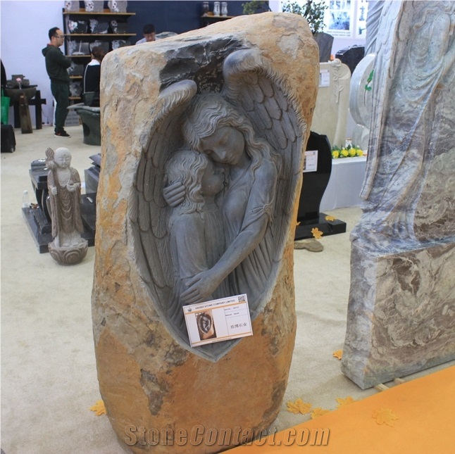 Competitive China Quarry Wholesaler Natural Stone Customized Upright New Creative Carved Angel Basalt Grave Monument Slab for Baby Popular in Germany