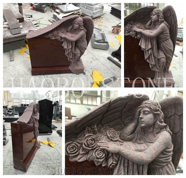 Customized Natural Stone Good Price China Haobo Indian Red Granite Sweeping Angel Monument Carved Rose with Iso9001:2000 for Cemetery Momerials