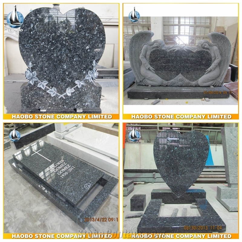 Direct Selling Headstone Blue Pearl Granite Tombstone Heart Shaped Sculpture Monument Custom Angel Gravestone