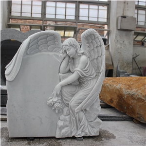 Natural Stone Quarry Chinese Manufacturer Price High Quality Supplier Pure White Marble Sweeping Angel Headstones Exhibited in American Exhibition