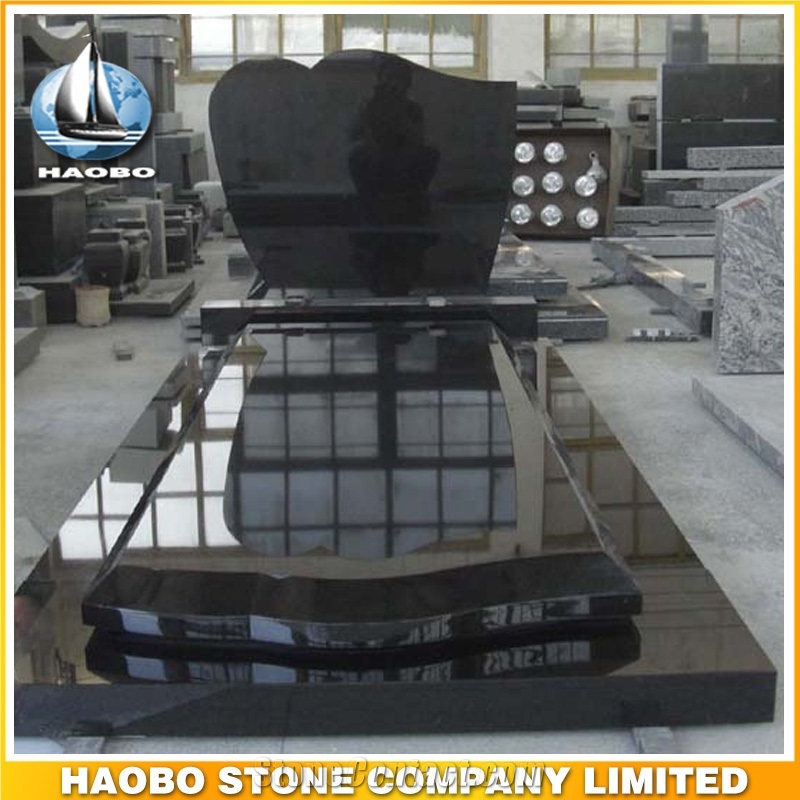 Polished Natural Stone Quarry Manufactory Black Noir Granite Western Style Monuments Heart Tombstones,Gravestone,Single or Double Headstone