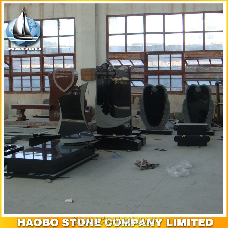 Polished Natural Stone Quarry Manufactory Black Noir Granite Western Style Monuments Heart Tombstones,Gravestone,Single or Double Headstone