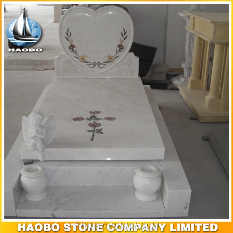 Polished Natural Stone Quarry Manufactory White Marble Western Style Monuments Heart Tombstones,Gravestone,Single or Double Marble Headstone