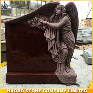 Ruby Red Tombstone Engraved Natural Stone Chinese Granite Angel Monument Gravestone Headstone