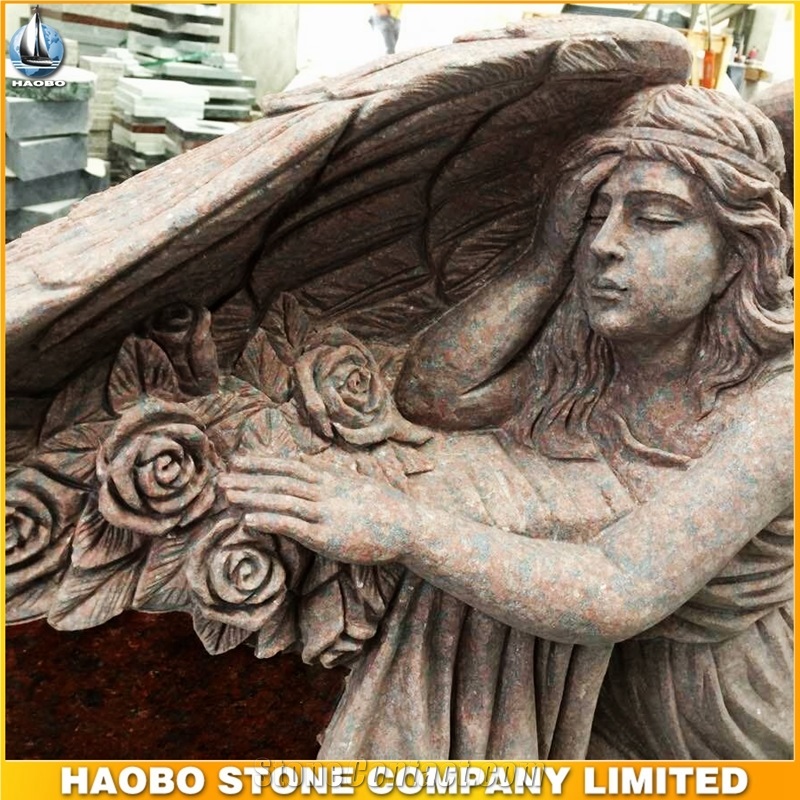 Ruby Red Tombstone Engraved Natural Stone Chinese Granite Angel Monument Gravestone Headstone