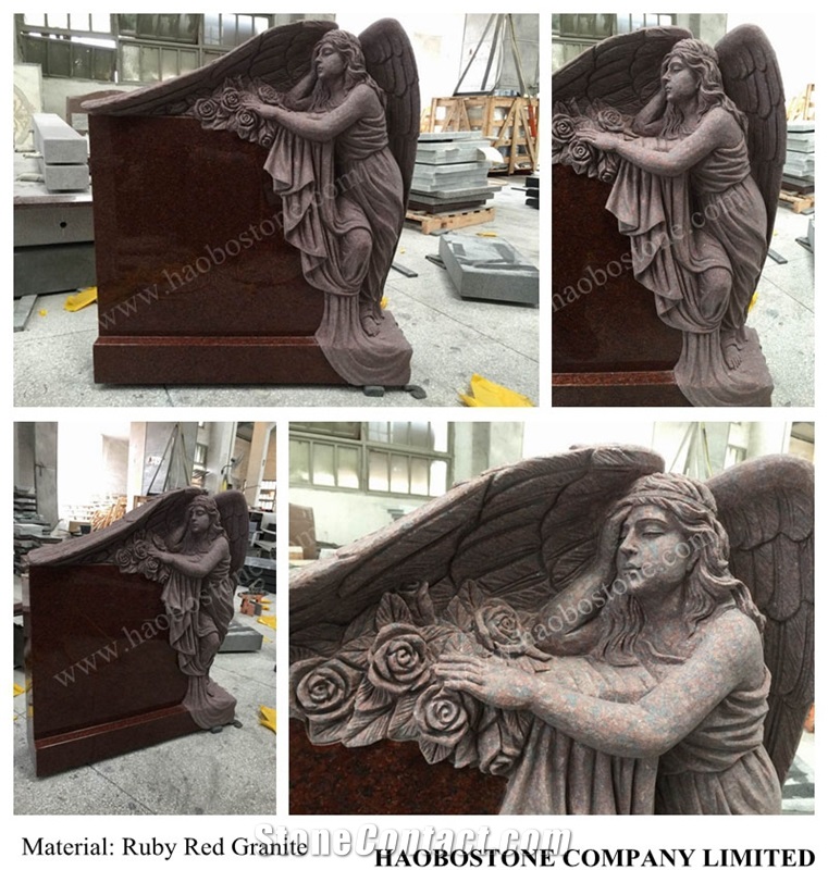 Ruby Red Tombstone Engraved Natural Stone Chinese Granite Angel Monument Gravestone Headstone