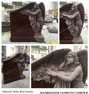 Ruby Red Tombstone Engraved Natural Stone Chinese Granite Angel Monument Gravestone Headstone