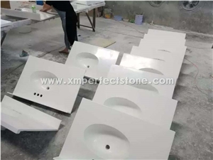 Artificial Marble Vanity Top Double Sink,61"X22",White Artificial Marble Hotel Vanity Tops