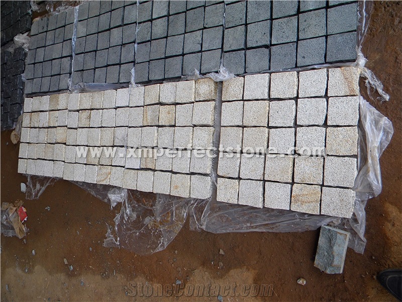 Top Surface Bushhammed Cube Stone/Flamed,Natural Split Paving Stone,G682 Chinese Yellow Granite Cobble Stone