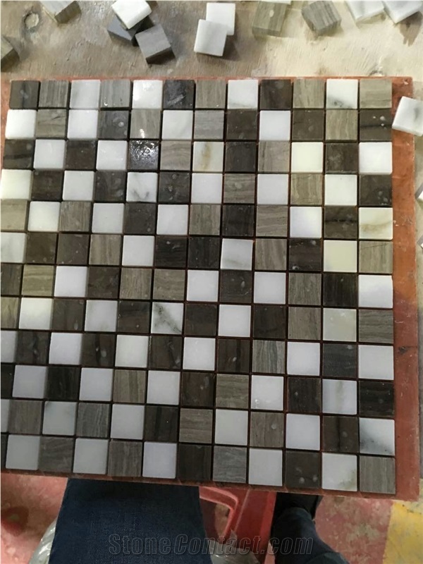 White Carrara Mosaic Tiles,Grey Wooden Marble Mosaic Tiles,Microcrystal Ceramic Background Mosaic Wall Tile,Crystallized Stone Mosaic