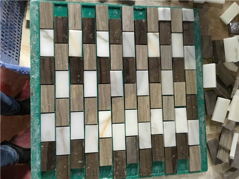 White Carrara Mosaic Tiles,Grey Wooden Marble Mosaic Tiles,Microcrystal Ceramic Background Mosaic Wall Tile,Crystallized Stone Mosaic